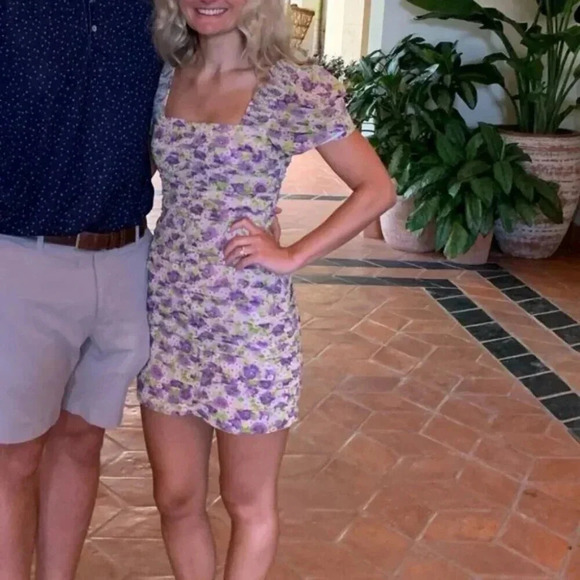 Zara Floral Ruched Puff Sleeve Draped Smocked Mini Dress Lilac Purple Medium - Picture 4 of 8